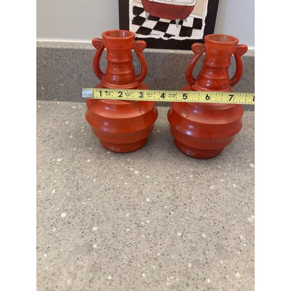 Pair Of Vintage Glass Jugs Urn Style Ribbed Globular Vases  Red 6” Tall - Picture 12 of 13